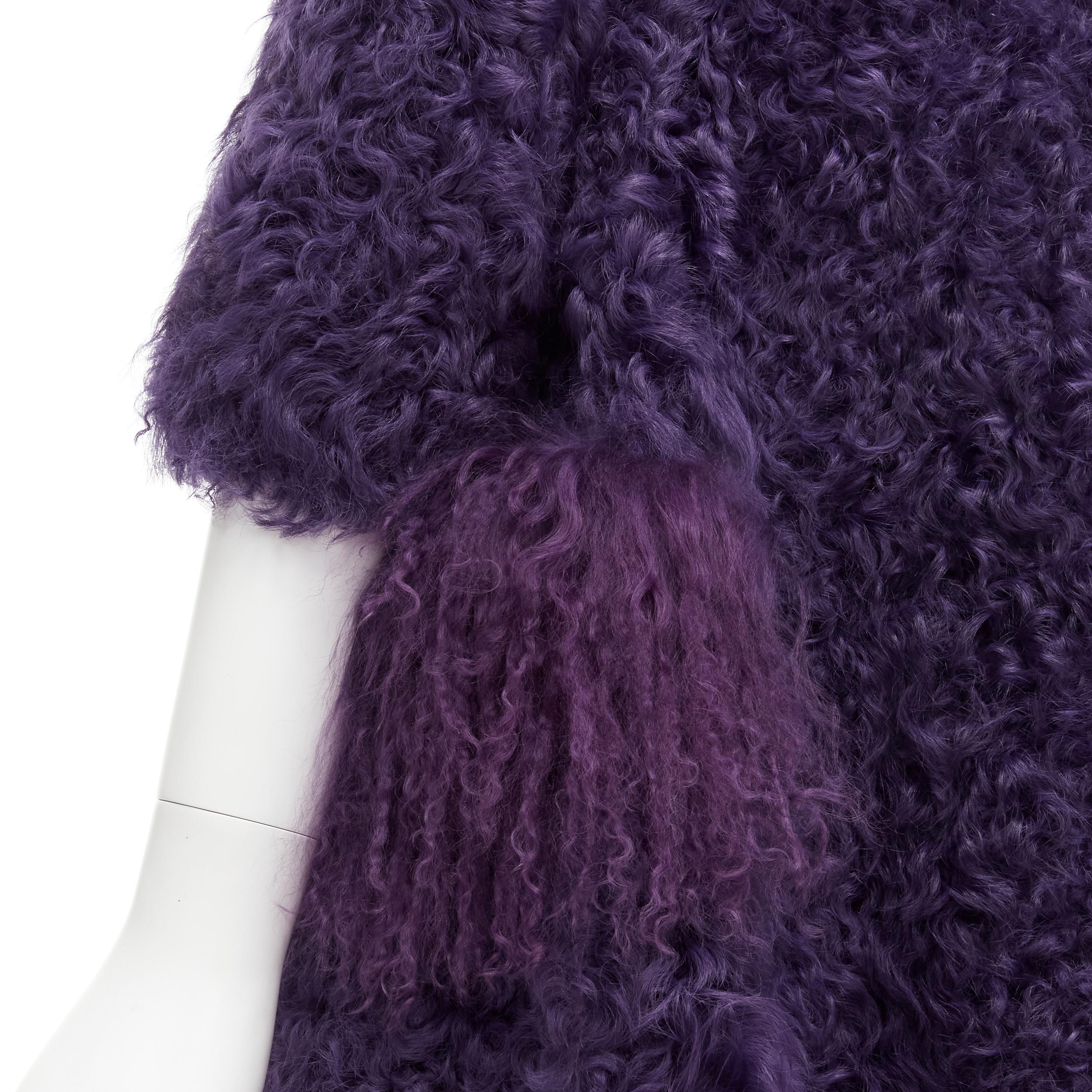 MIU MIU purple curly shearling fur contrast hem 3/4 sleeve coat IT36 XS For Sale 2