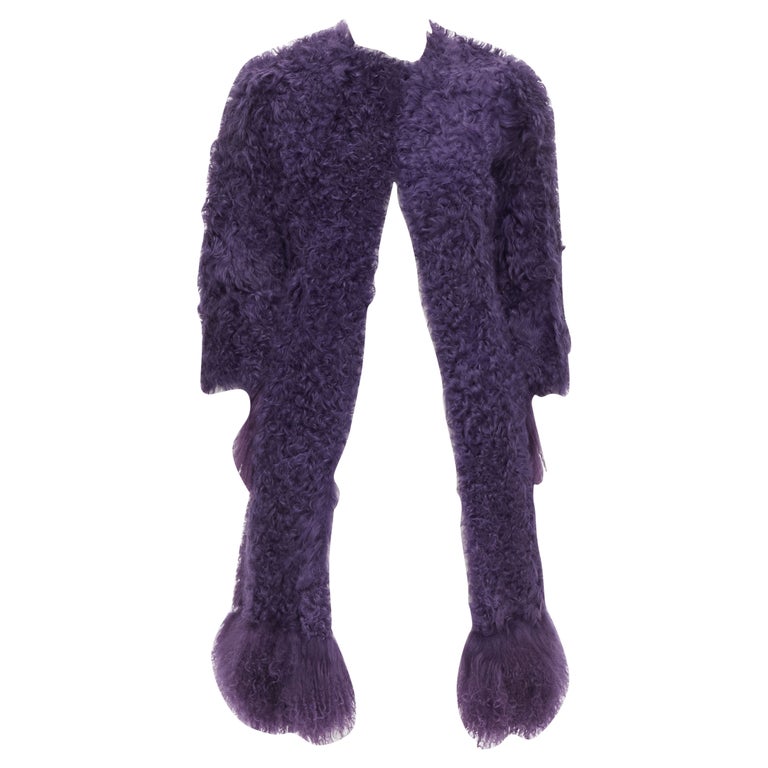 MIU MIU purple curly shearling fur contrast hem 3/4 sleeve coat IT36 XS