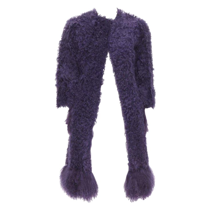 MIU MIU purple curly shearling fur contrast hem 3/4 sleeve coat IT36 XS