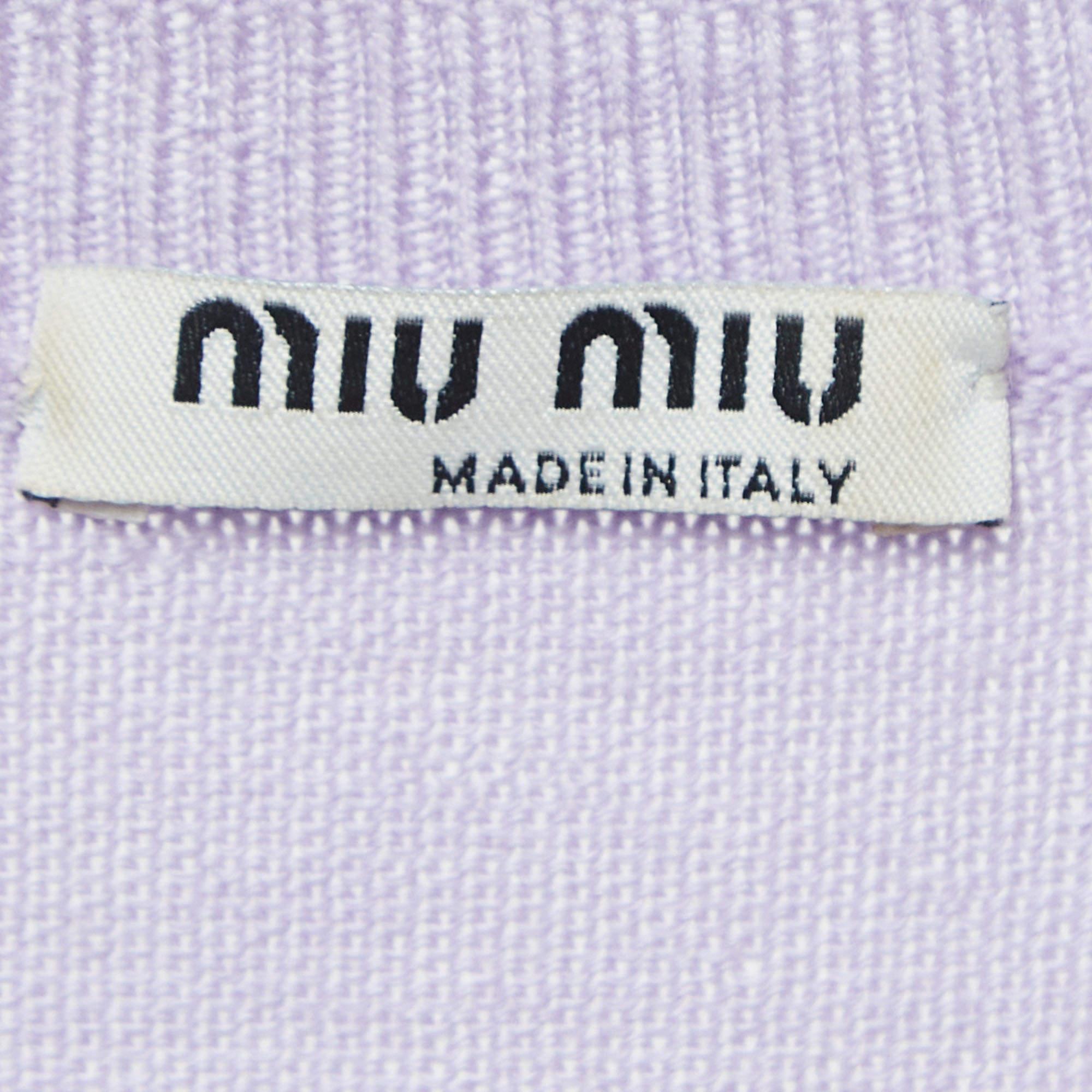 Women's Miu Miu Purple Eyelet Knit Wool Short Sleeve Top L