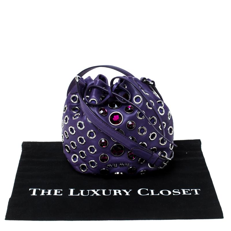 Miu Miu Purple Leather Grommet Embellished Drawstring Crossbody Bag 5