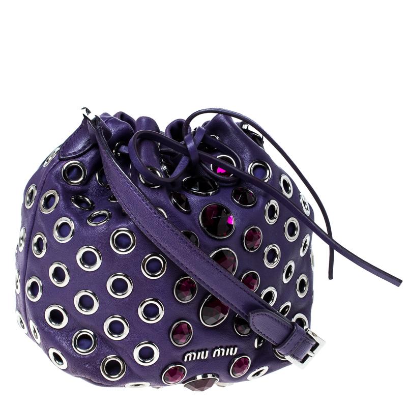 Black Miu Miu Purple Leather Grommet Embellished Drawstring Crossbody Bag