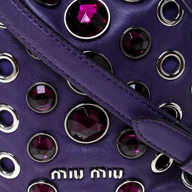 Women's Miu Miu Purple Leather Grommet Embellished Drawstring Crossbody Bag