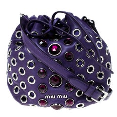 Miu Miu Purple Leather Grommet Embellished Drawstring Crossbody Bag