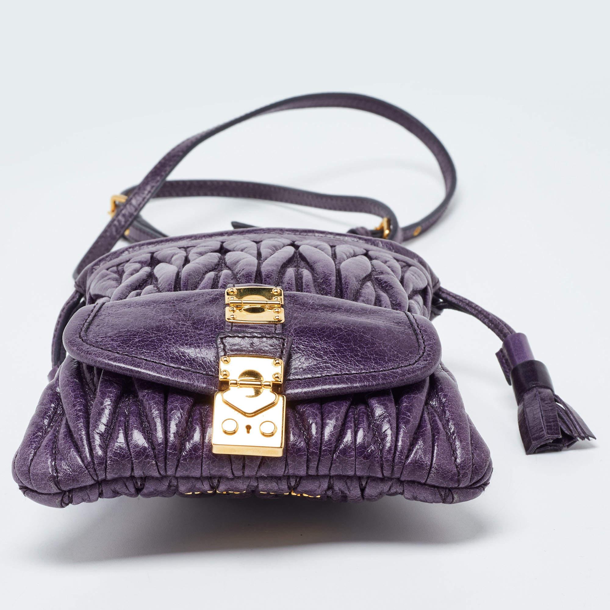 Miu Miu Purple Matelassé Leather Drawstring Crossbody Bag For Sale 3