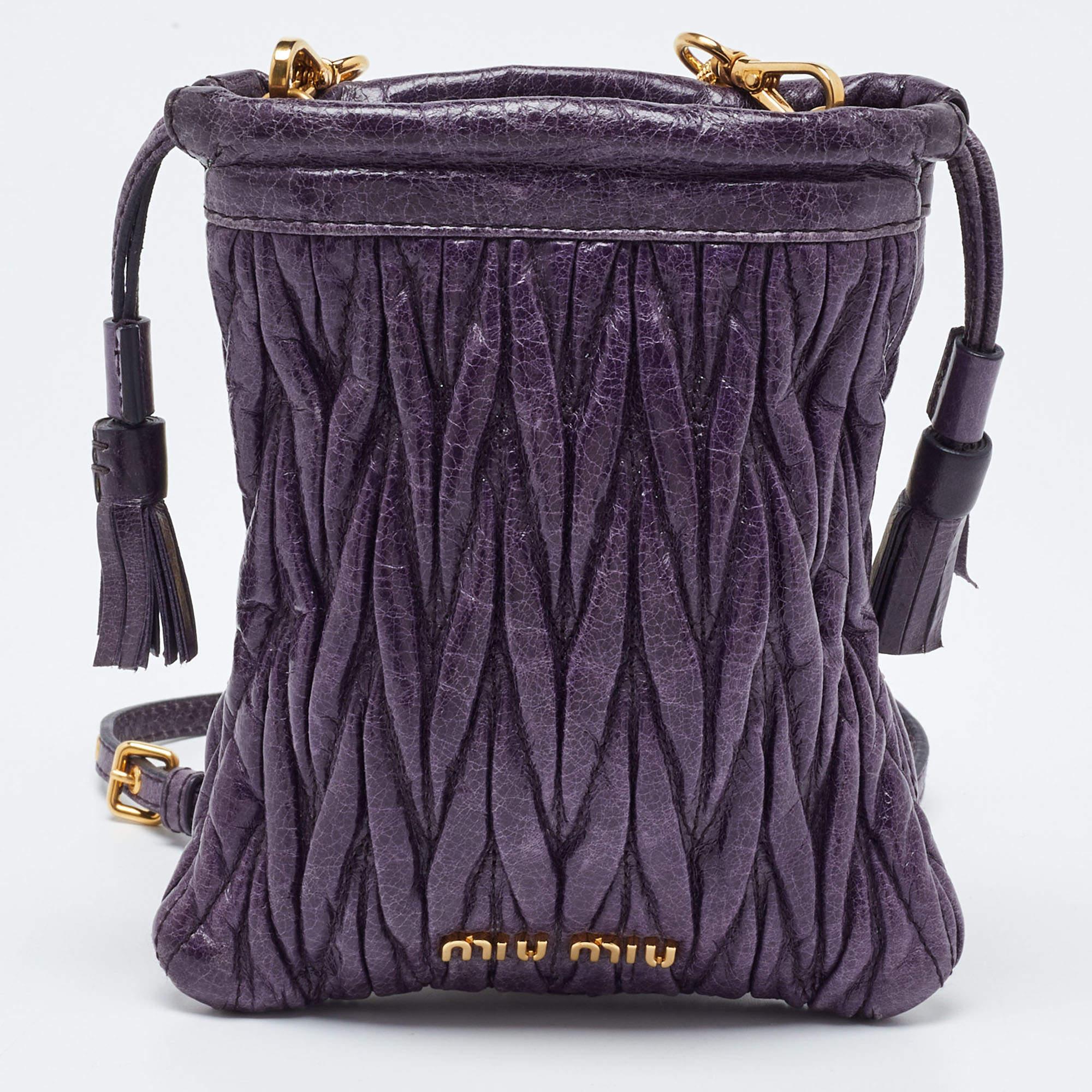 Miu Miu Purple Matelassé Leather Drawstring Crossbody Bag For Sale 4
