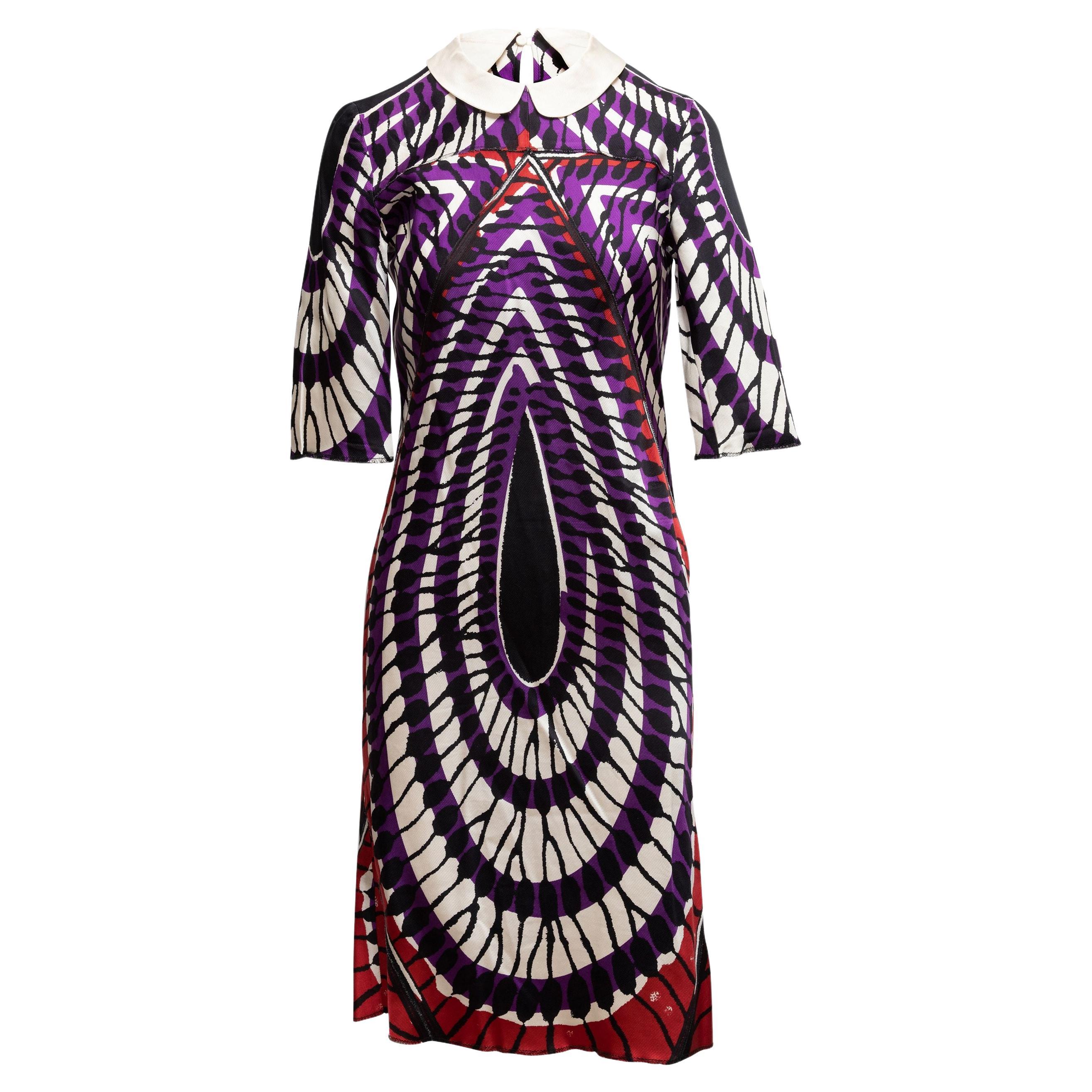 Miu Lila & Mehrfarbig bedrucktes Kleid mit Kragen im Angebot