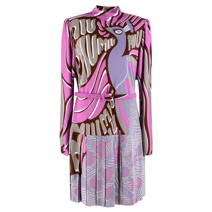 Miu Miu Purple Peacock Print Pleated Dress L 46 For Sale