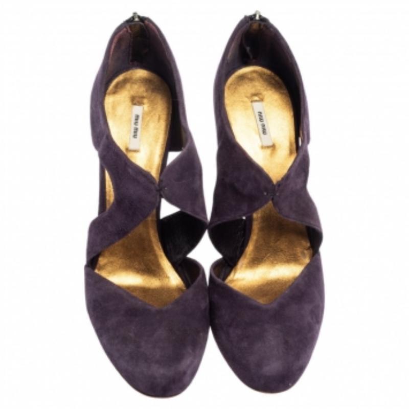 Women's Miu Miu Purple Suede Cut Out Embellished Heel Round Toe Pumps Size 39.5 For Sale