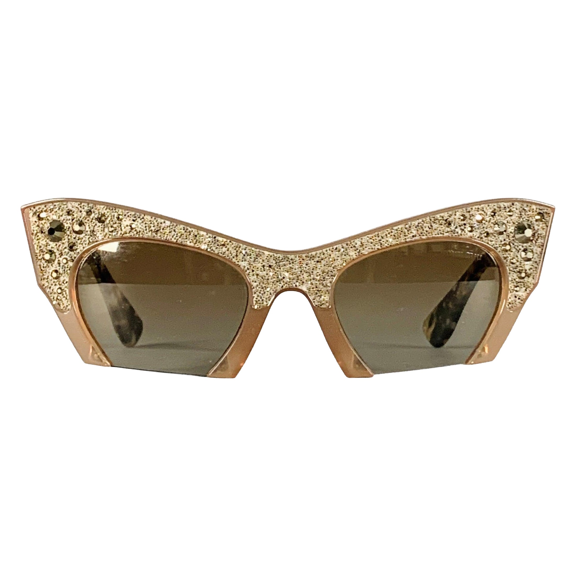MIU MIU Rasoir Silver Taupe Rhinestones Acetate Semi Rimless Cat Eye Sunglasses For Sale
