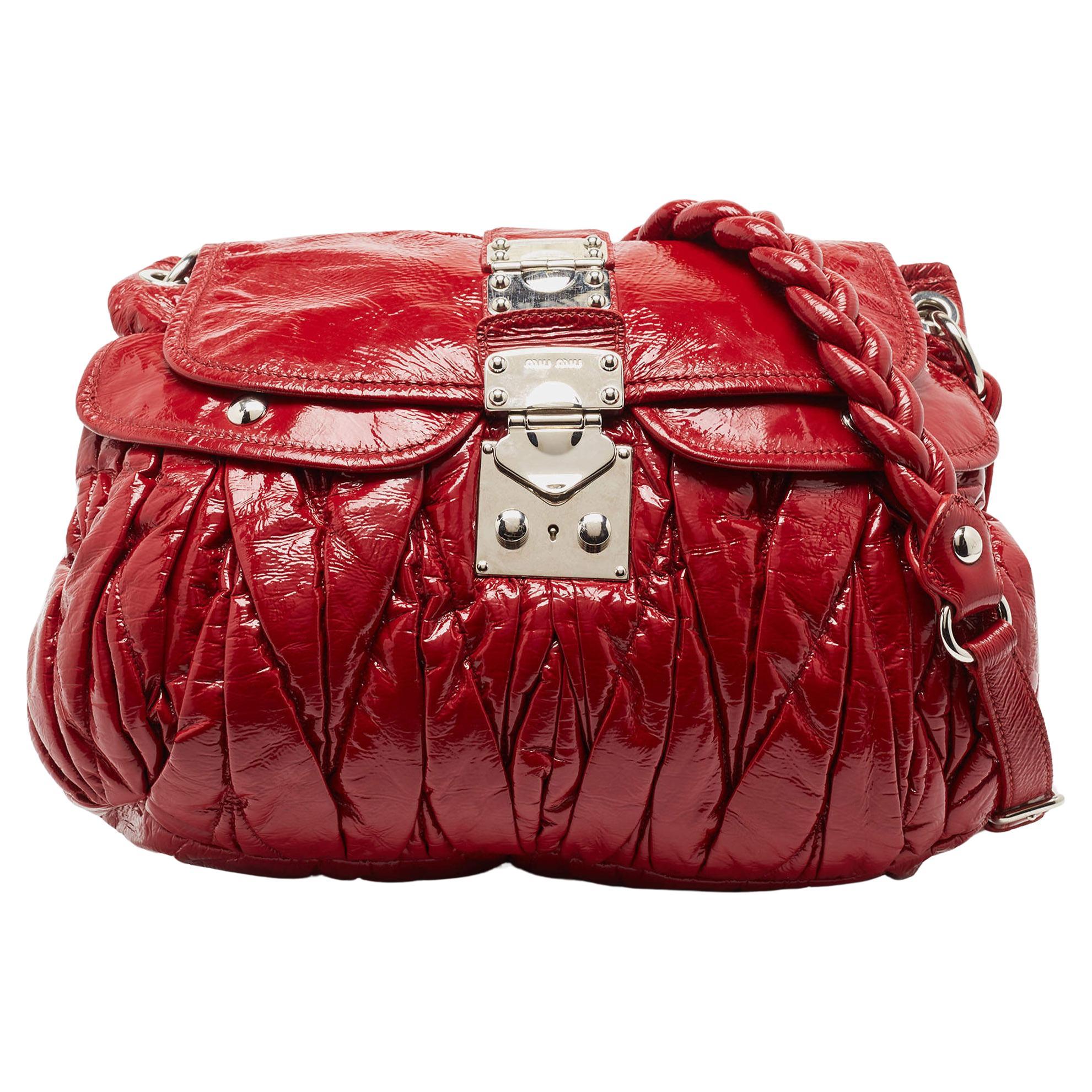 Miu Miu Red Matelassé Patent Leather Coffer Shoulder Bag For Sale