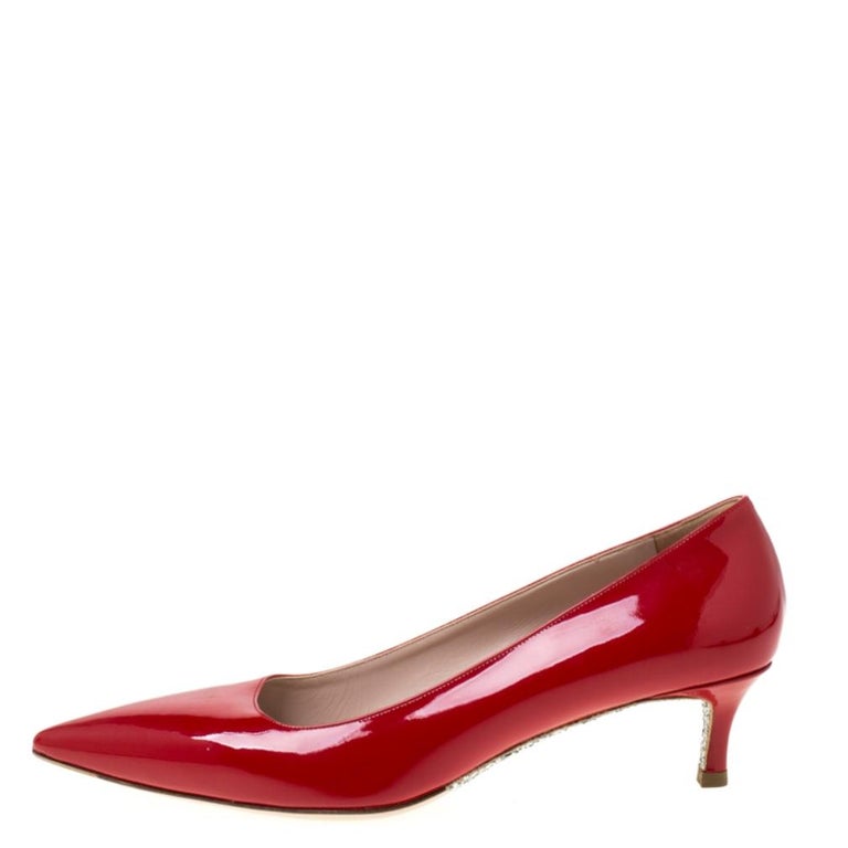 Miu Miu Red Patent Leather Glitter Sole Kitten Heel Pumps Size 37.5 at ...