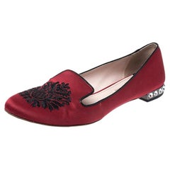 Miu Miu Red Satin Embroidered Crystal Studded Smoking Slippers Size 38.5