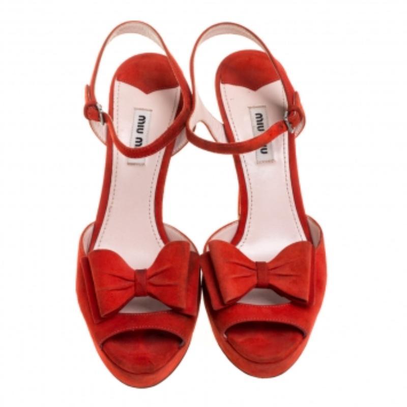 Miu Miu Red Suede Bow Ankle Strap Platform Sandals Size 39 For Sale 1