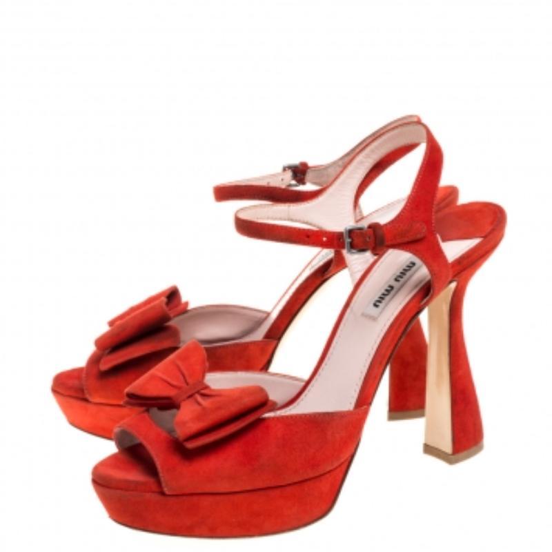 Miu Miu Red Suede Bow Ankle Strap Platform Sandals Size 39 For Sale 3