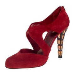 Miu Miu Red Suede Cut Out Embellished Heel Round Toe Pumps Size 40