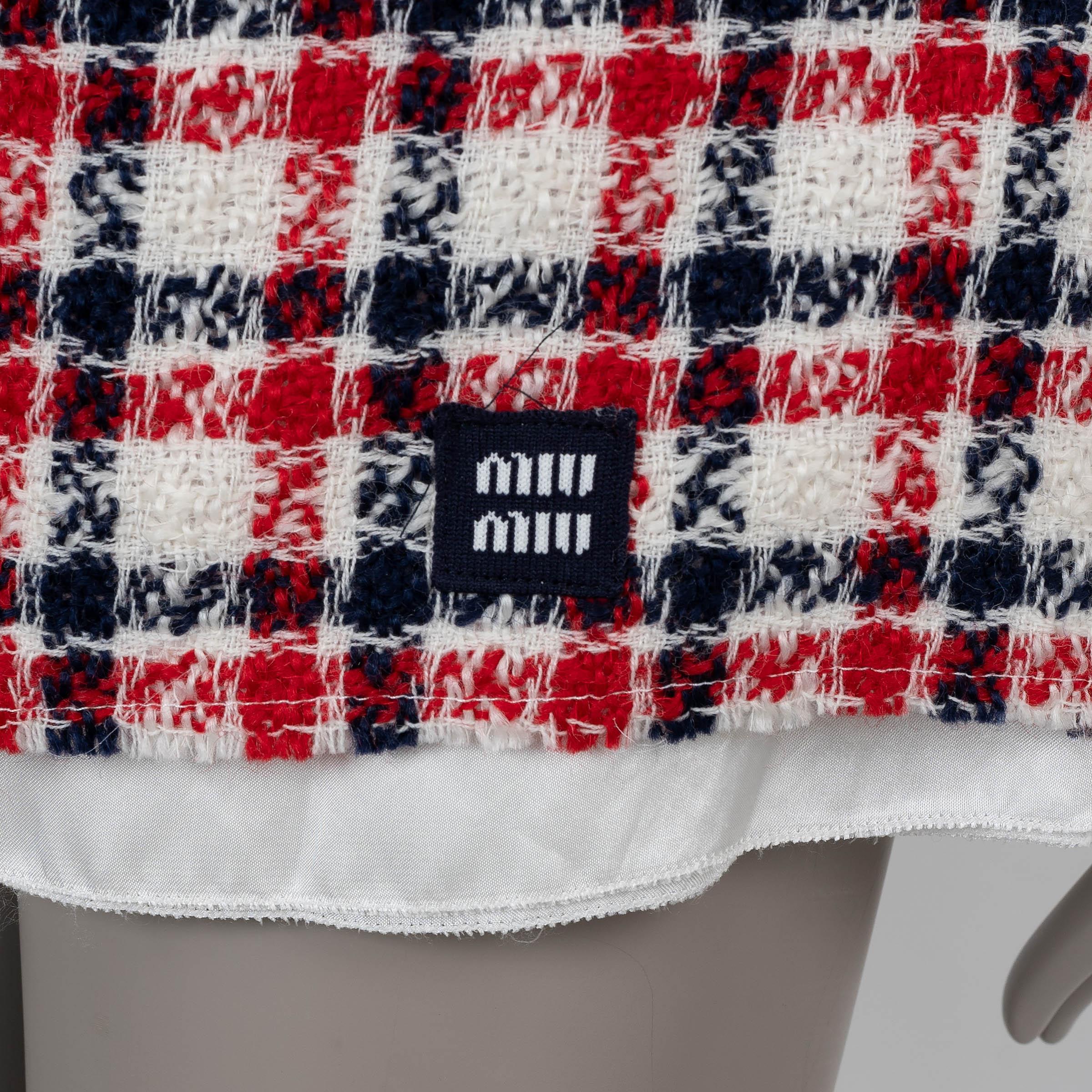 Women's MIU MIU red white blue wool 2022 PLAID TWEED MINI Skirt 42 M For Sale