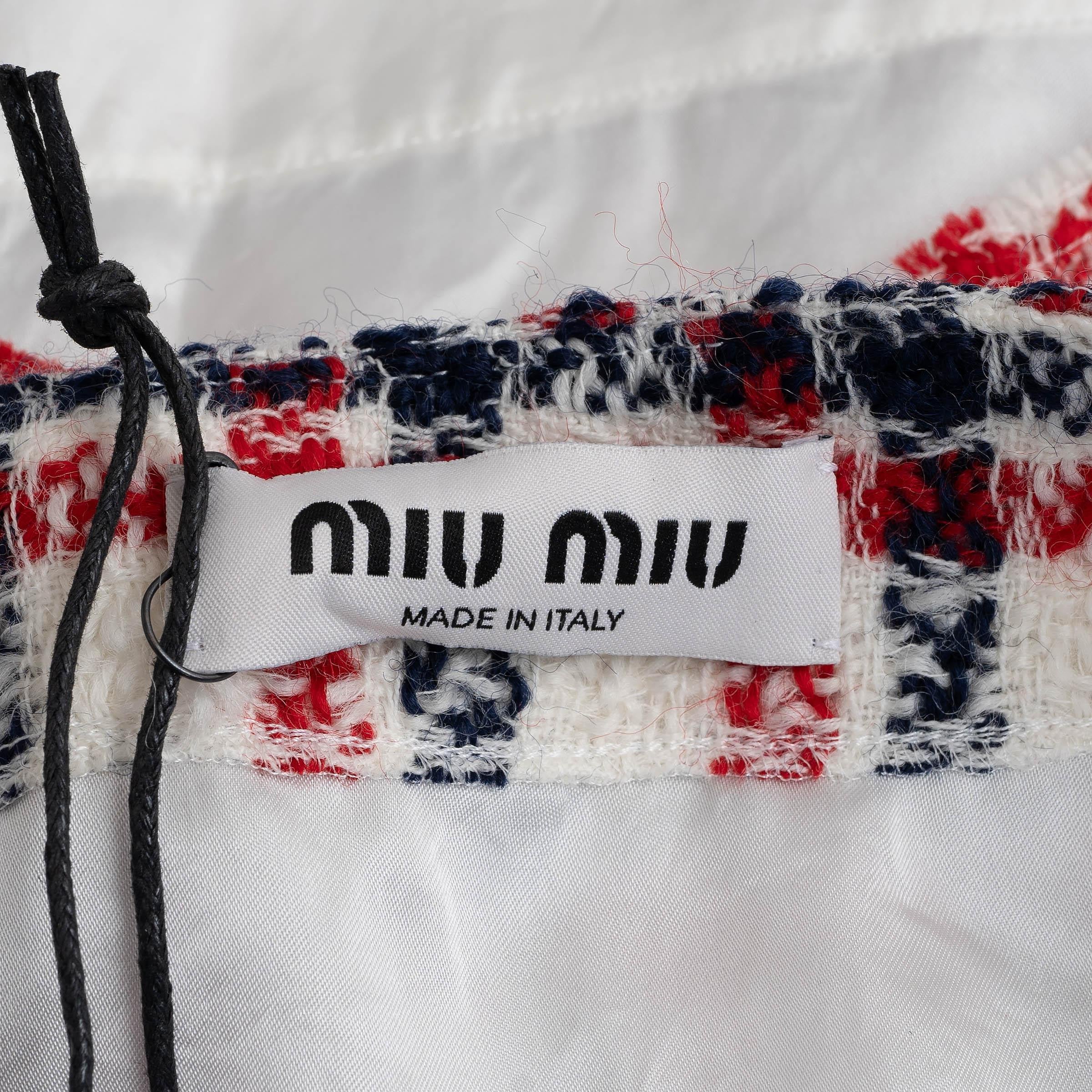 MIU MIU red white blue wool 2022 PLAID TWEED MINI Skirt 42 M For Sale 1