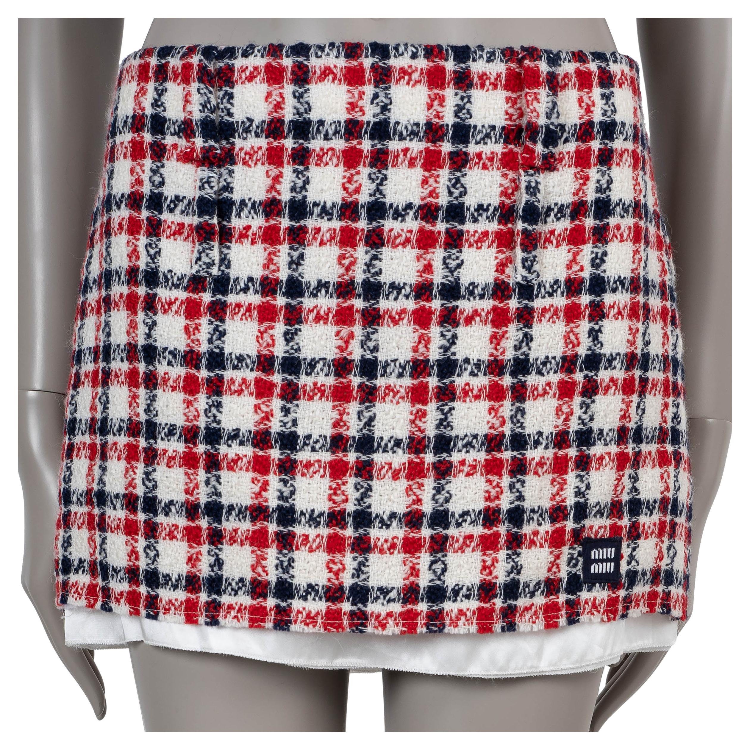 MIU MIU red white blue wool 2022 PLAID TWEED MINI Skirt 42 M