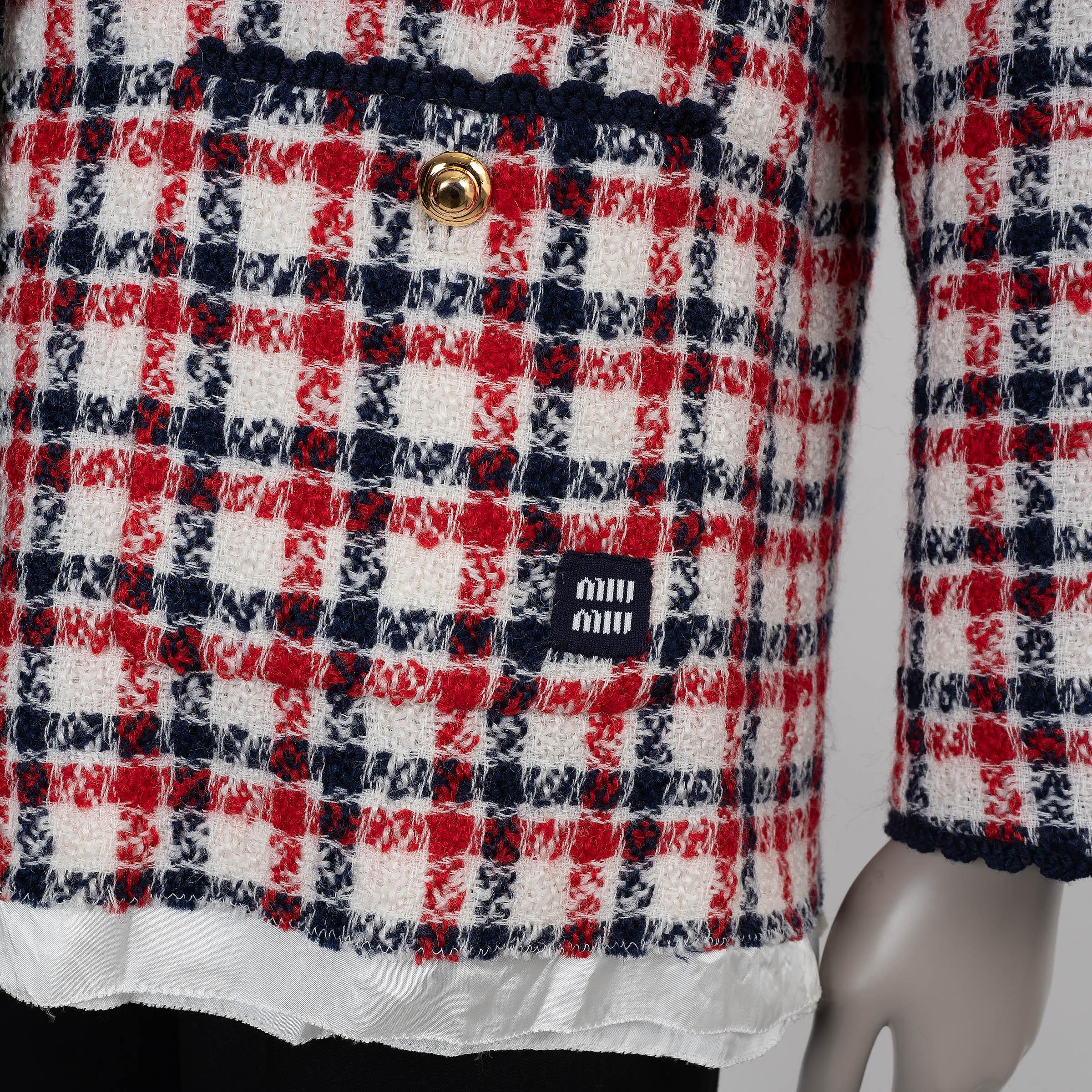 Women's MIU MIU red white blue wool 2022 PLAID WOOL Blazer Jacket 40 S For Sale
