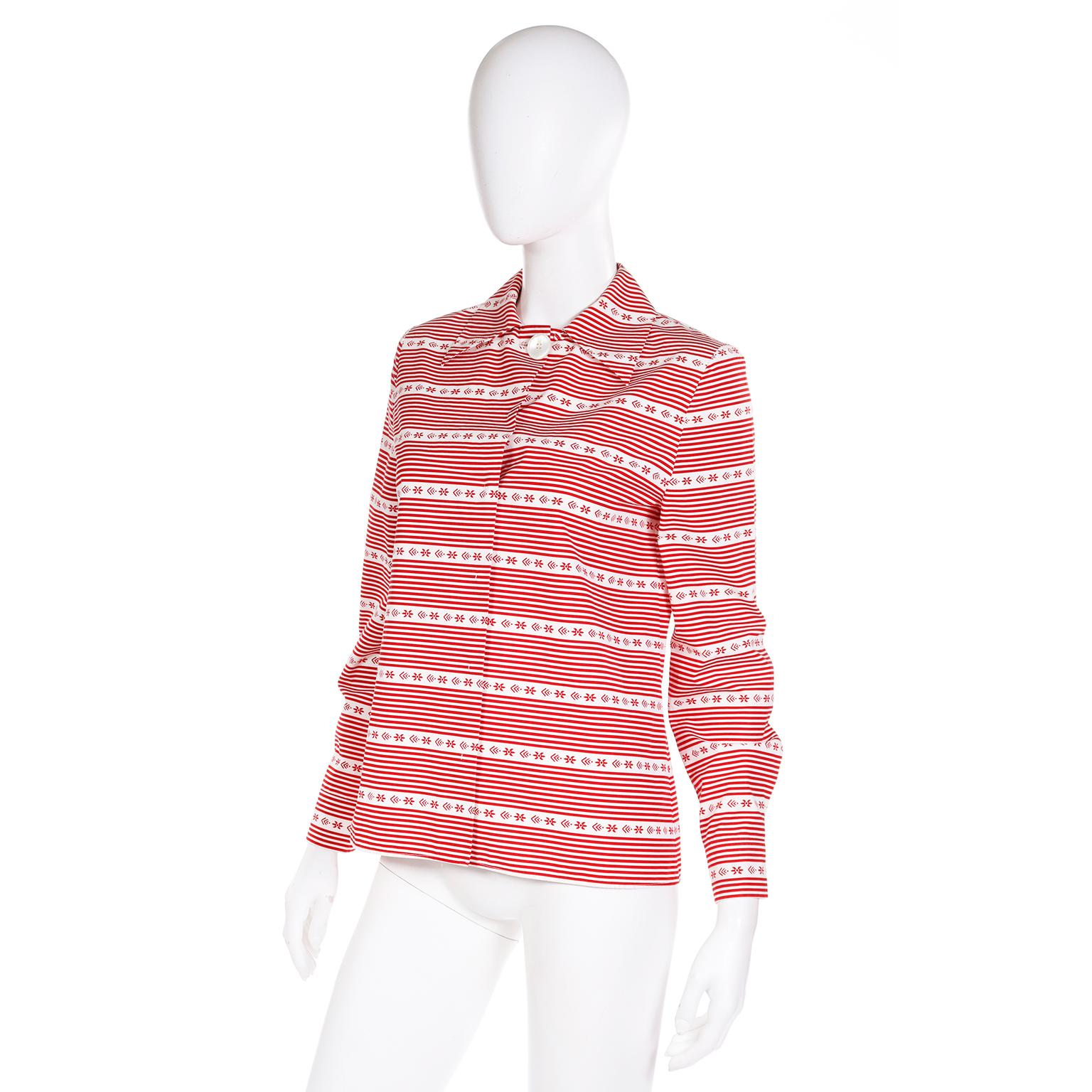 Pink Miu Miu Red & White Cotton Print Long Sleeve 2015 Runway Shirt Blouse