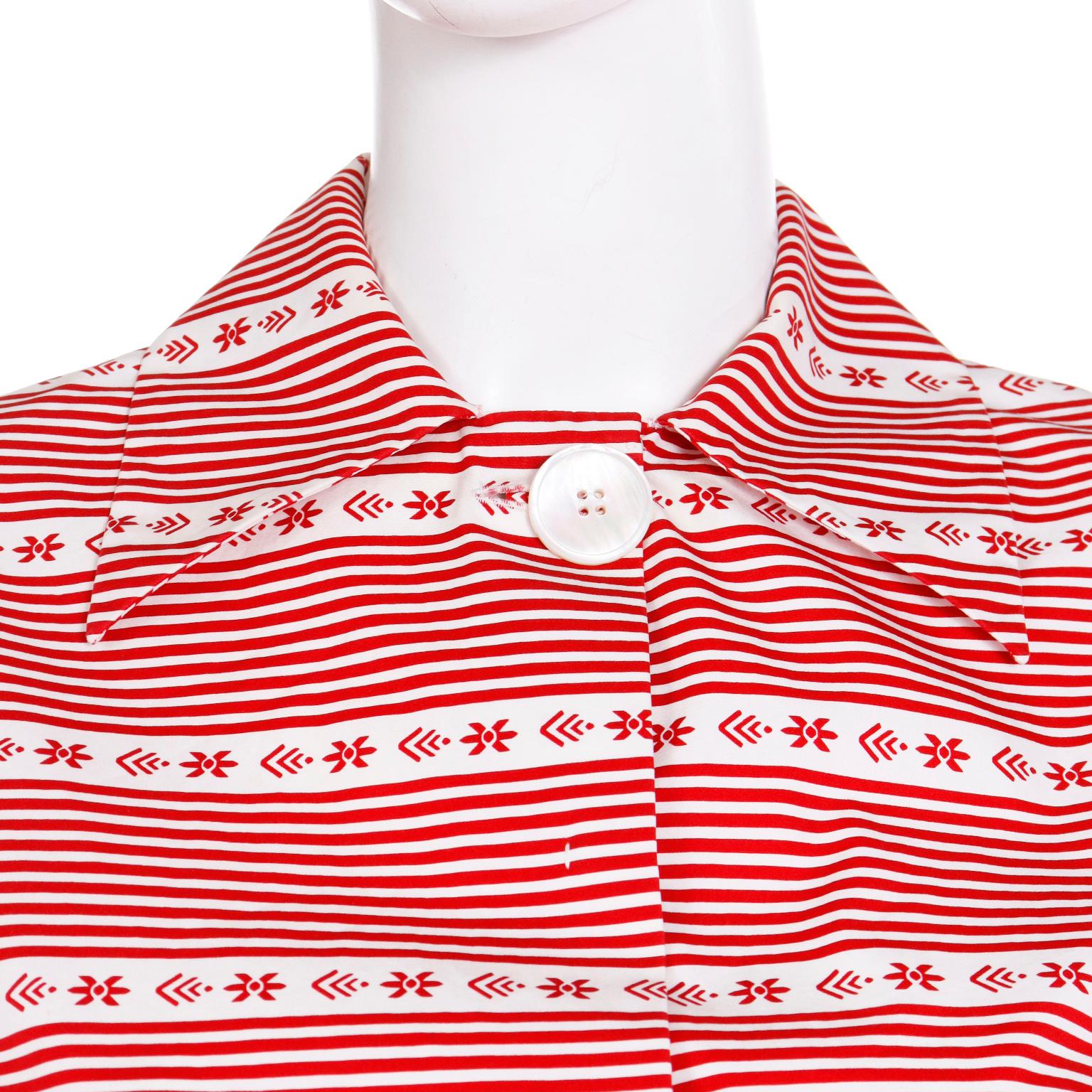 Miu Miu Red & White Cotton Print Long Sleeve 2015 Runway Shirt Blouse In Excellent Condition In Portland, OR
