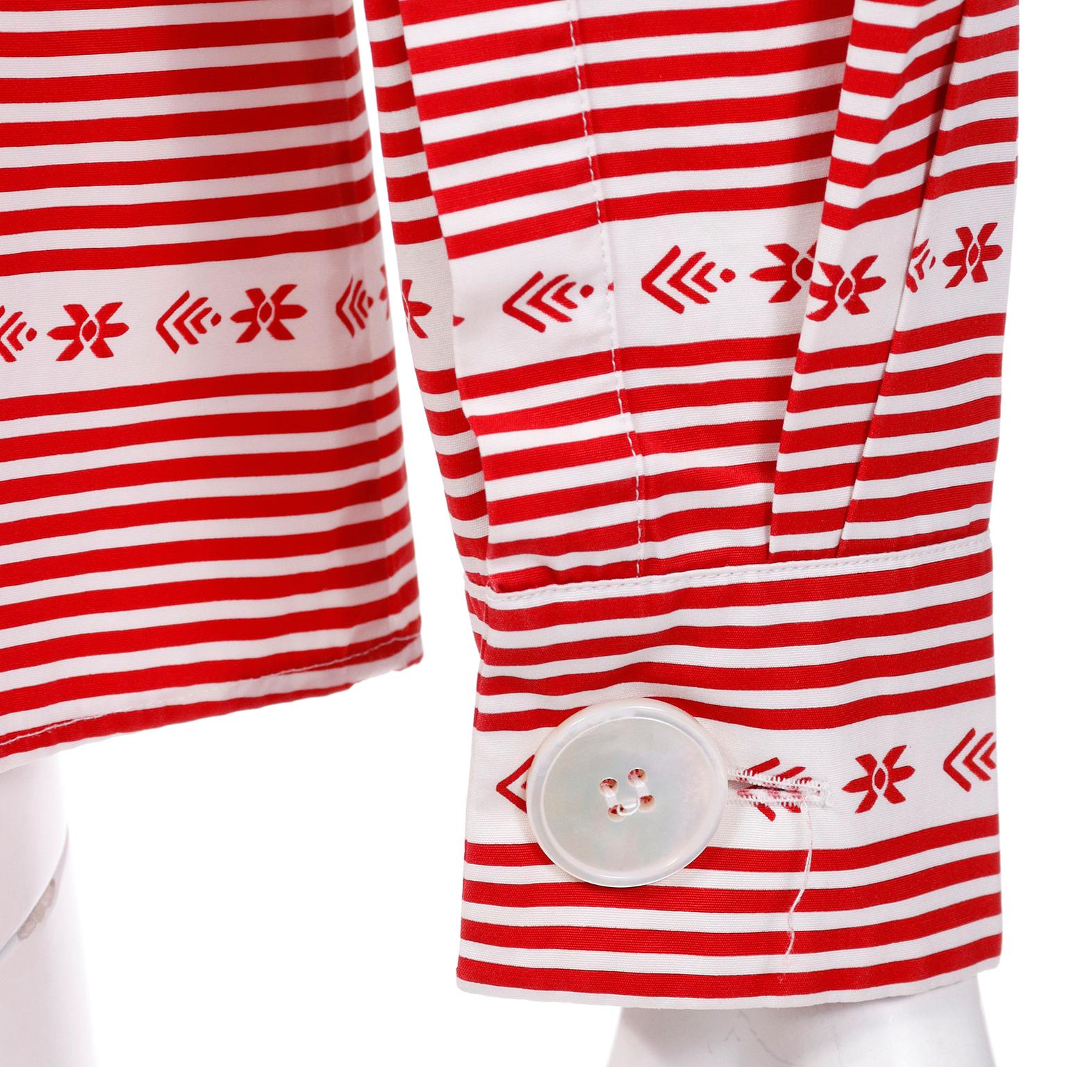Women's Miu Miu Red & White Cotton Print Long Sleeve 2015 Runway Shirt Blouse