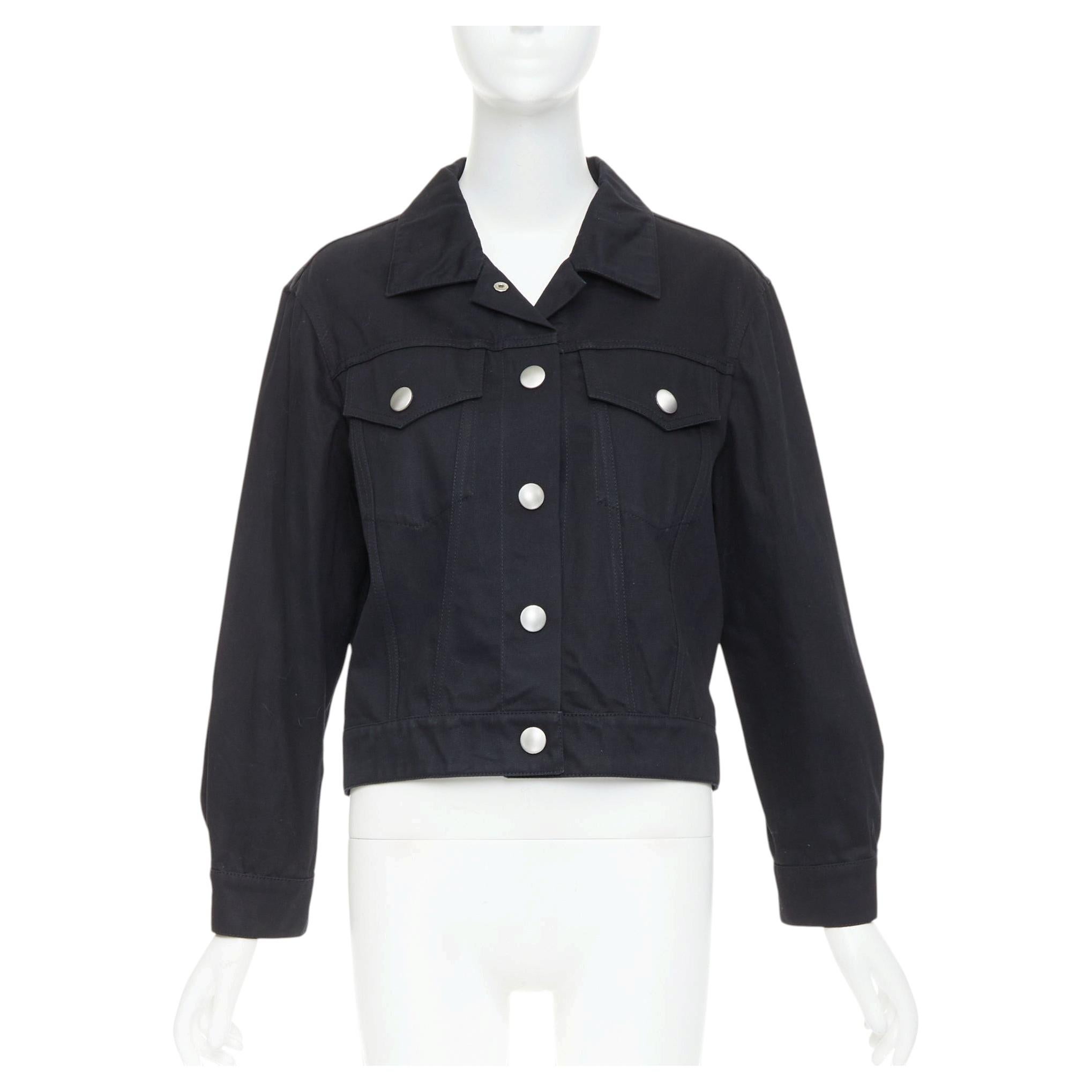 miu miu Resort 2016 – schwarze Truckerjacke aus Denim mit gelben Paillettenapplikationen, Größe IT36 XS