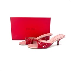 Miu Miu Retro Vintage Bow Red Patent Leather Slip On Kitten Heel Mules 38.5