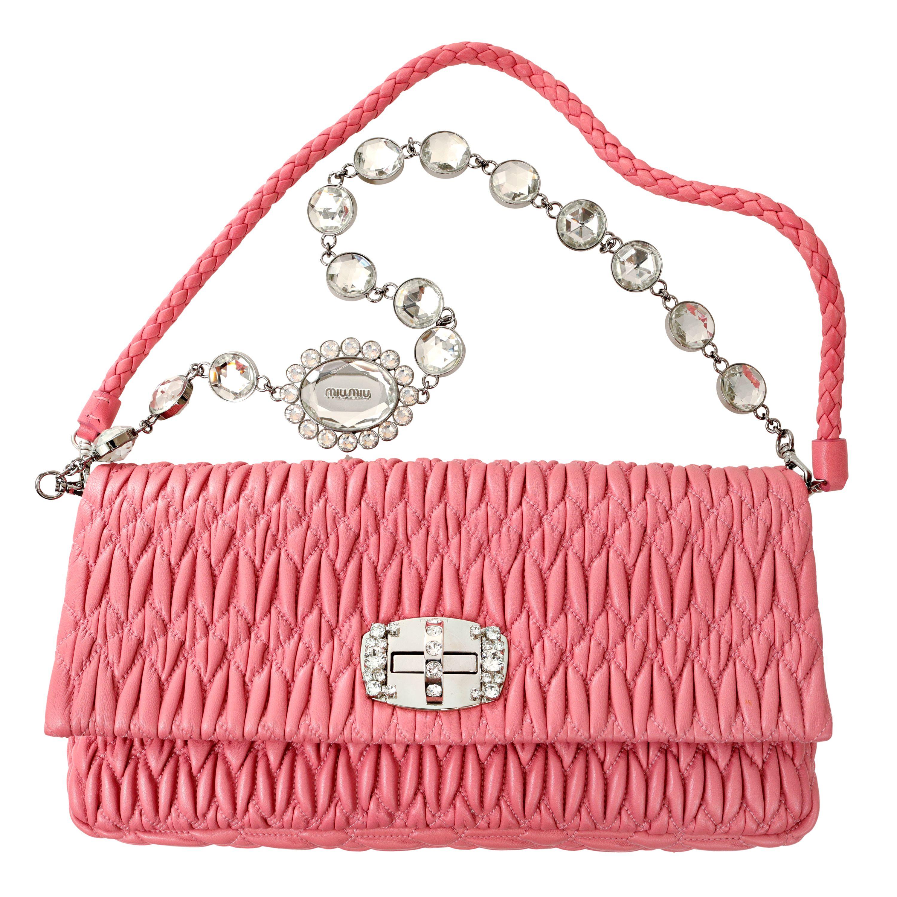 Miu Miu Rose Pink Iconic Crystal Cloquè Small Bag with Silver Hardware In Excellent Condition For Sale In Palm Beach, FL