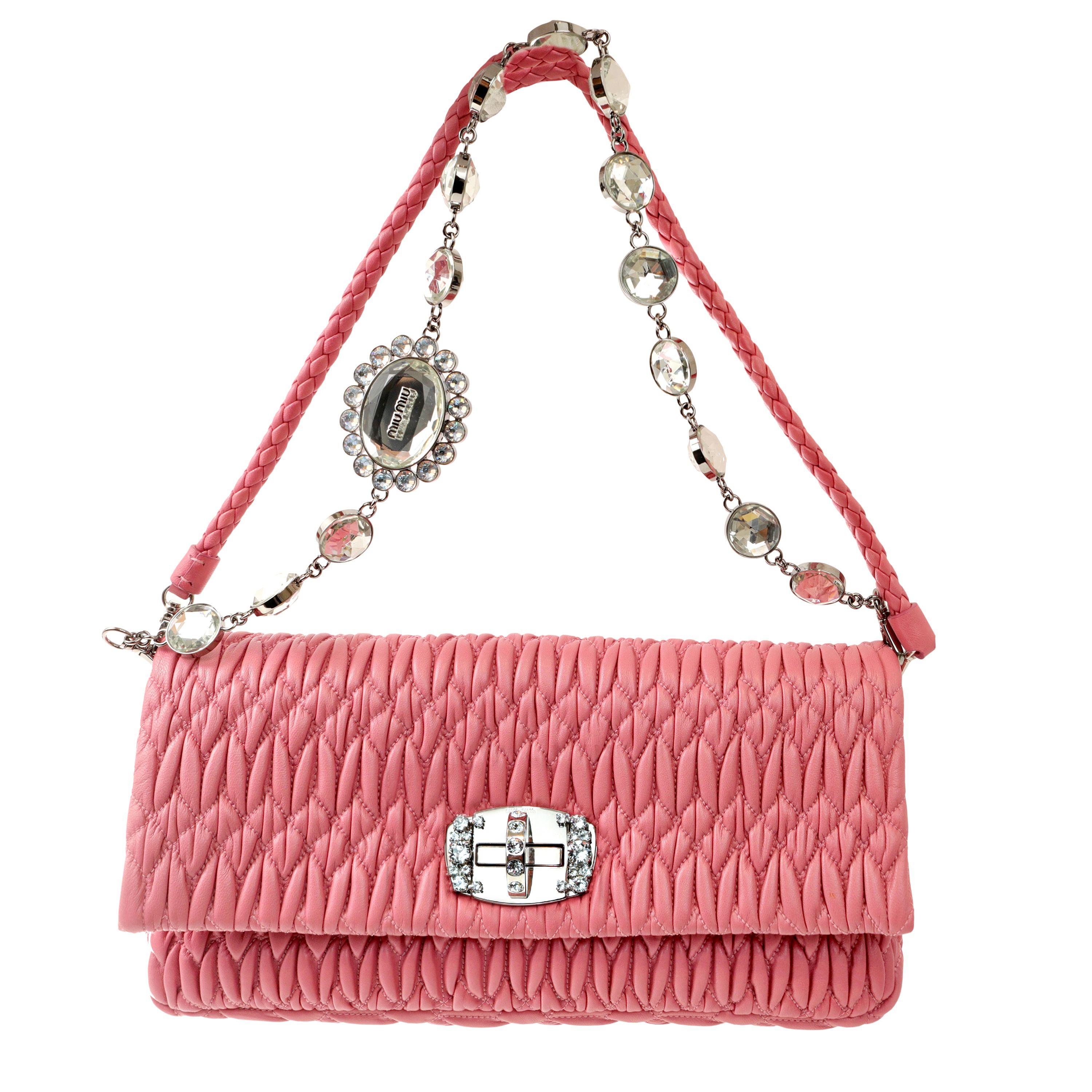 Women's Miu Miu Rose Pink Iconic Crystal Cloquè Small Bag with Silver Hardware For Sale