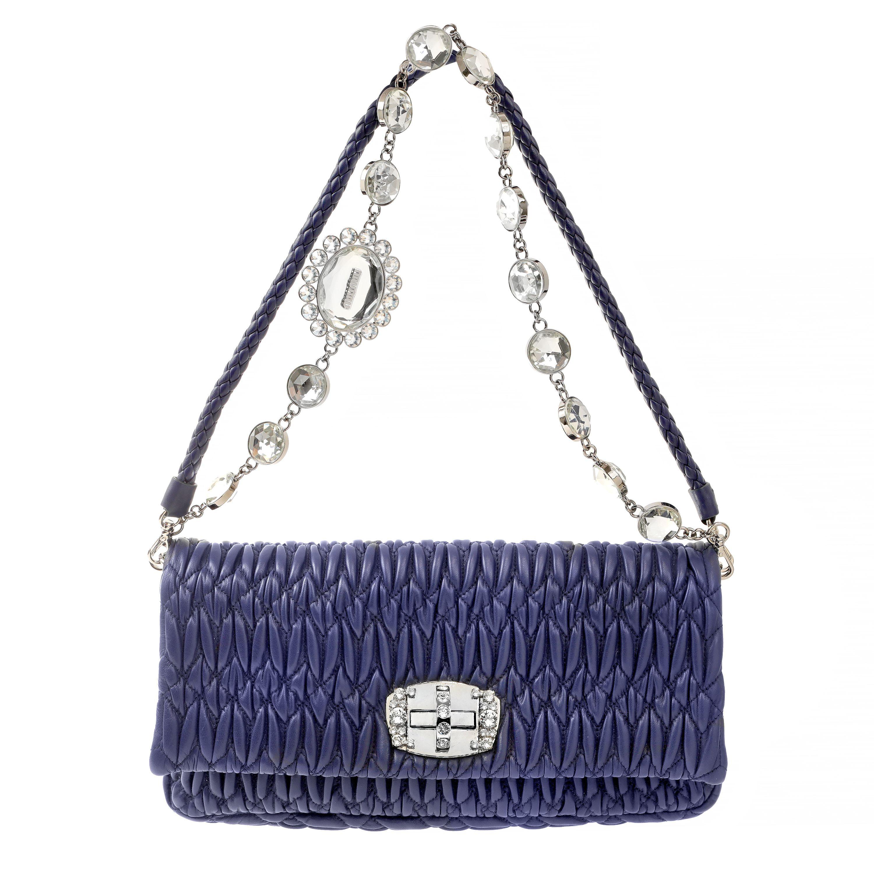 Purple Miu Miu Royal Blue Iconic Crystal Cloquè Small Bag with Silver Hardware For Sale