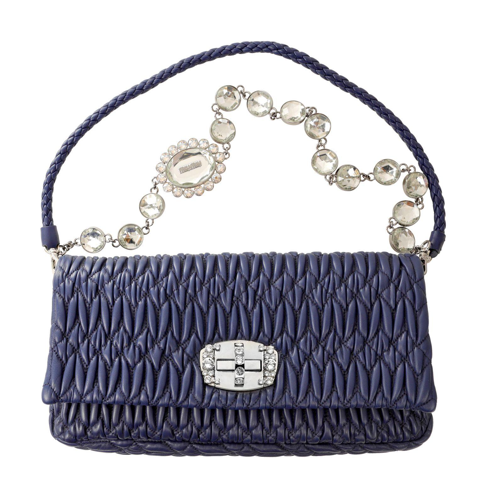 Miu Miu Royal Blue Iconic Crystal Cloquè Small Bag with Silver Hardware In Excellent Condition For Sale In Palm Beach, FL