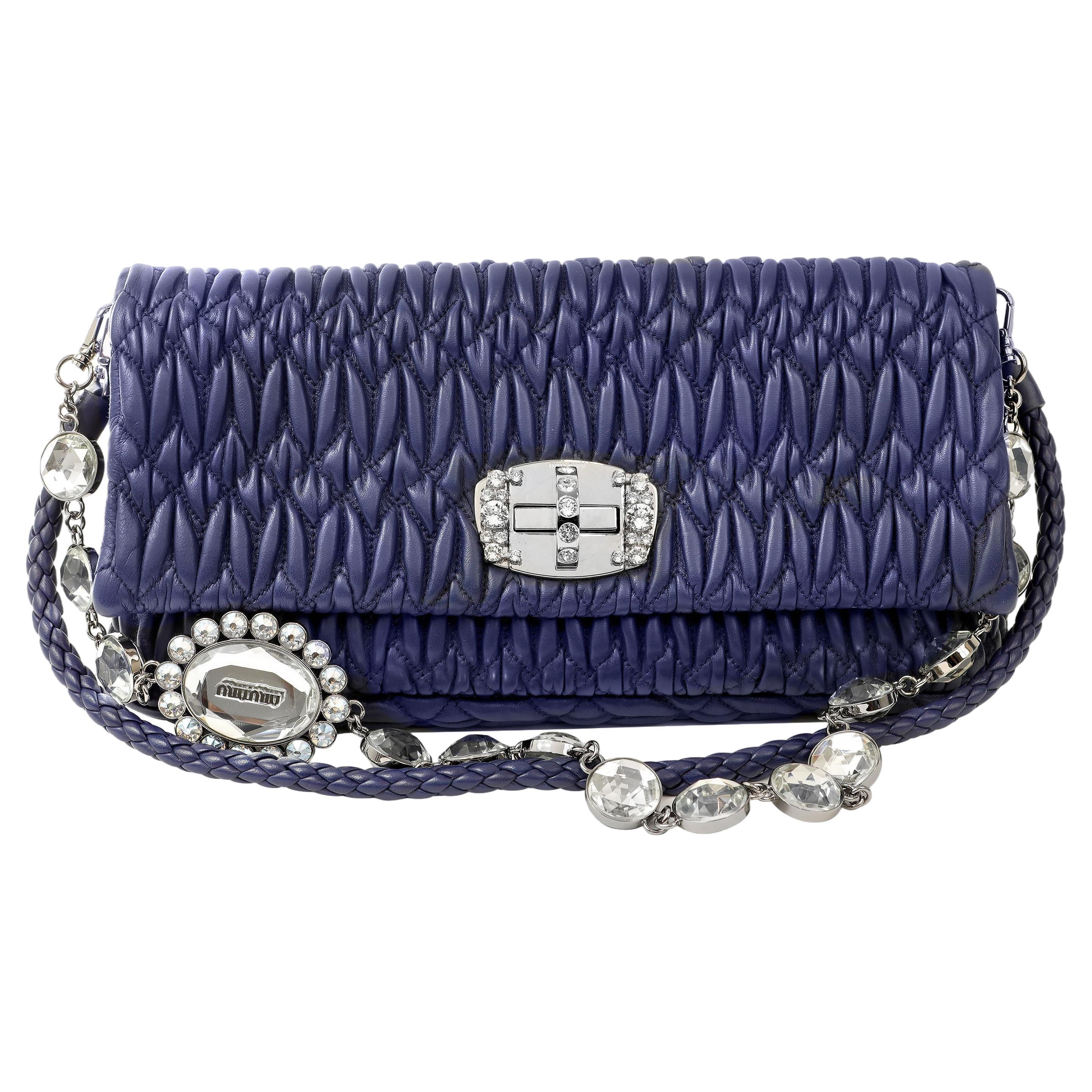Miu Miu Royal Blue Iconic Crystal Cloquè Small Bag with Silver Hardware For Sale