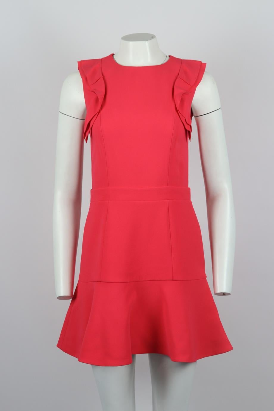 Miu Miu ruffled crepe mini dress. Pink. Sleeveless, crewneck. Zip fastening at back. 53% Acetate, 47% viscose; lining: 100% nylon; lining2: 100% polyester; trim: 100% polyester. Size: IT 42 (UK 10, US 6, FR 38). Bust: 32.5 in. Waist; 29.3 in. Hips: