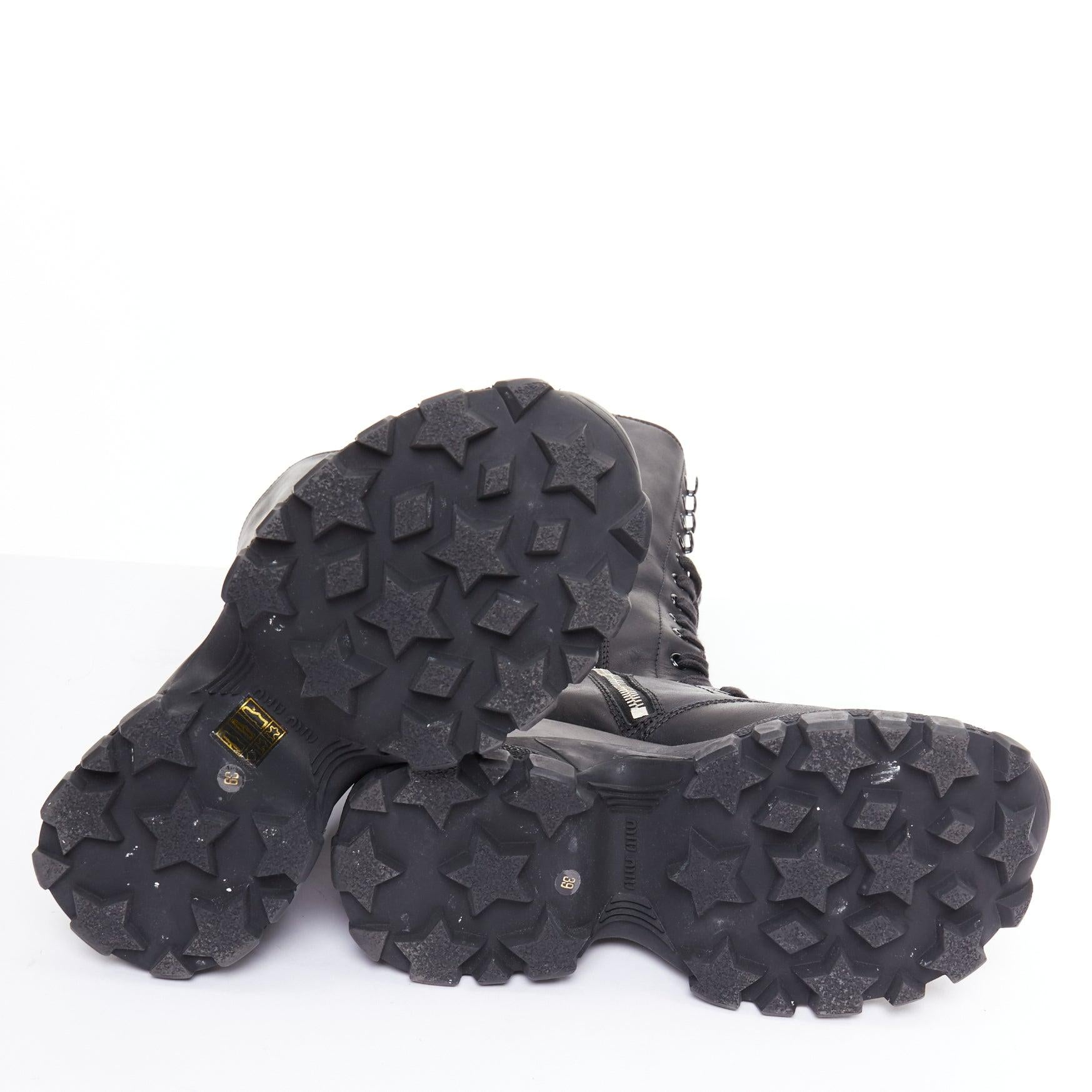 MIU MIU Runway black leather logo lace up chunky wedge tall boots EU39 en vente 5