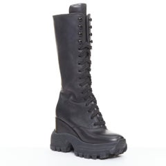 MIU MIU Runway black leather logo lace up chunky wedge tall boots EU39