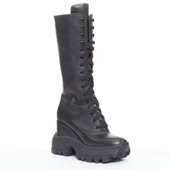 MIU MIU Runway black leather logo lace up chunky wedge tall boots EU39