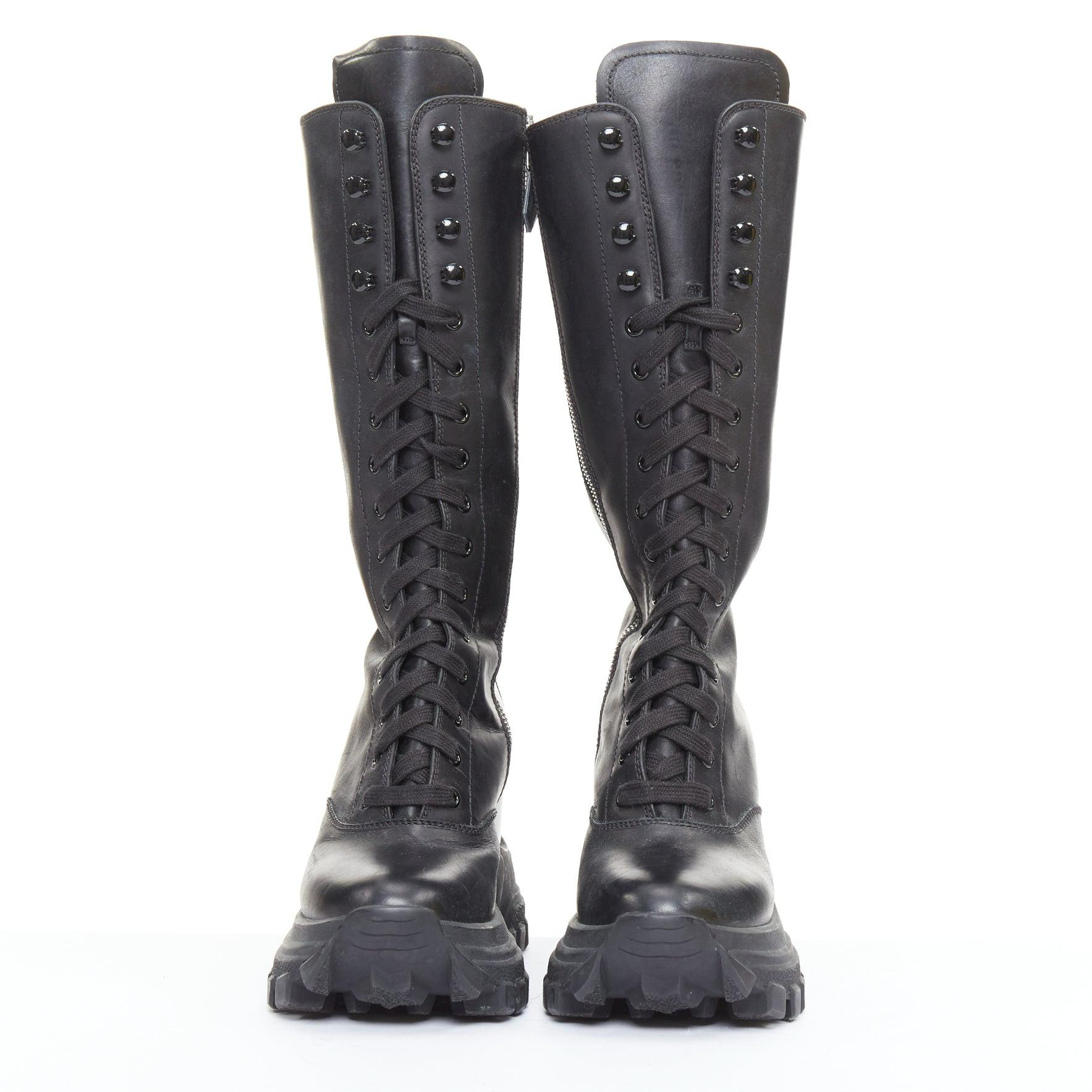 Noir MIU MIU Runway black leather logo lace up chunky wedge tall boots EU39 en vente