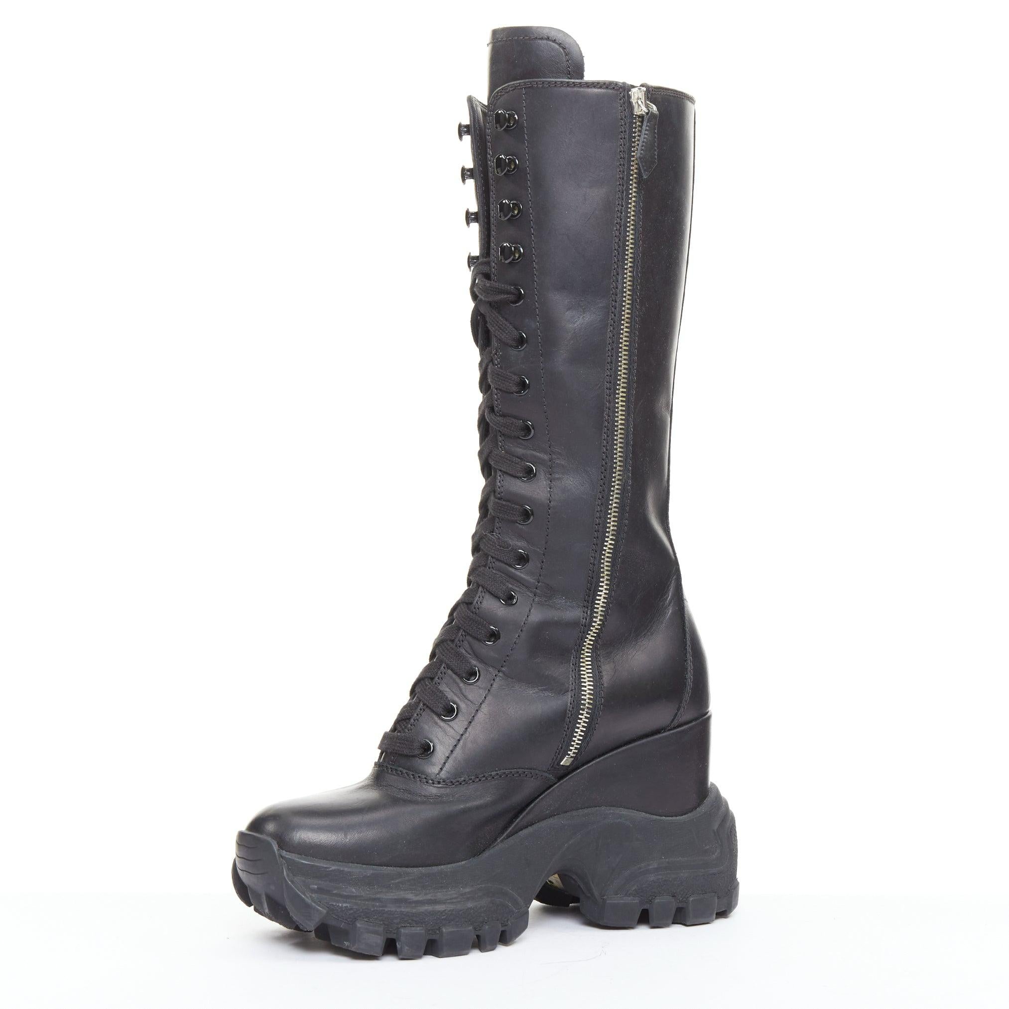 MIU MIU Runway black leather logo lace up chunky wedge tall boots EU39 Bon état - En vente à Hong Kong, NT
