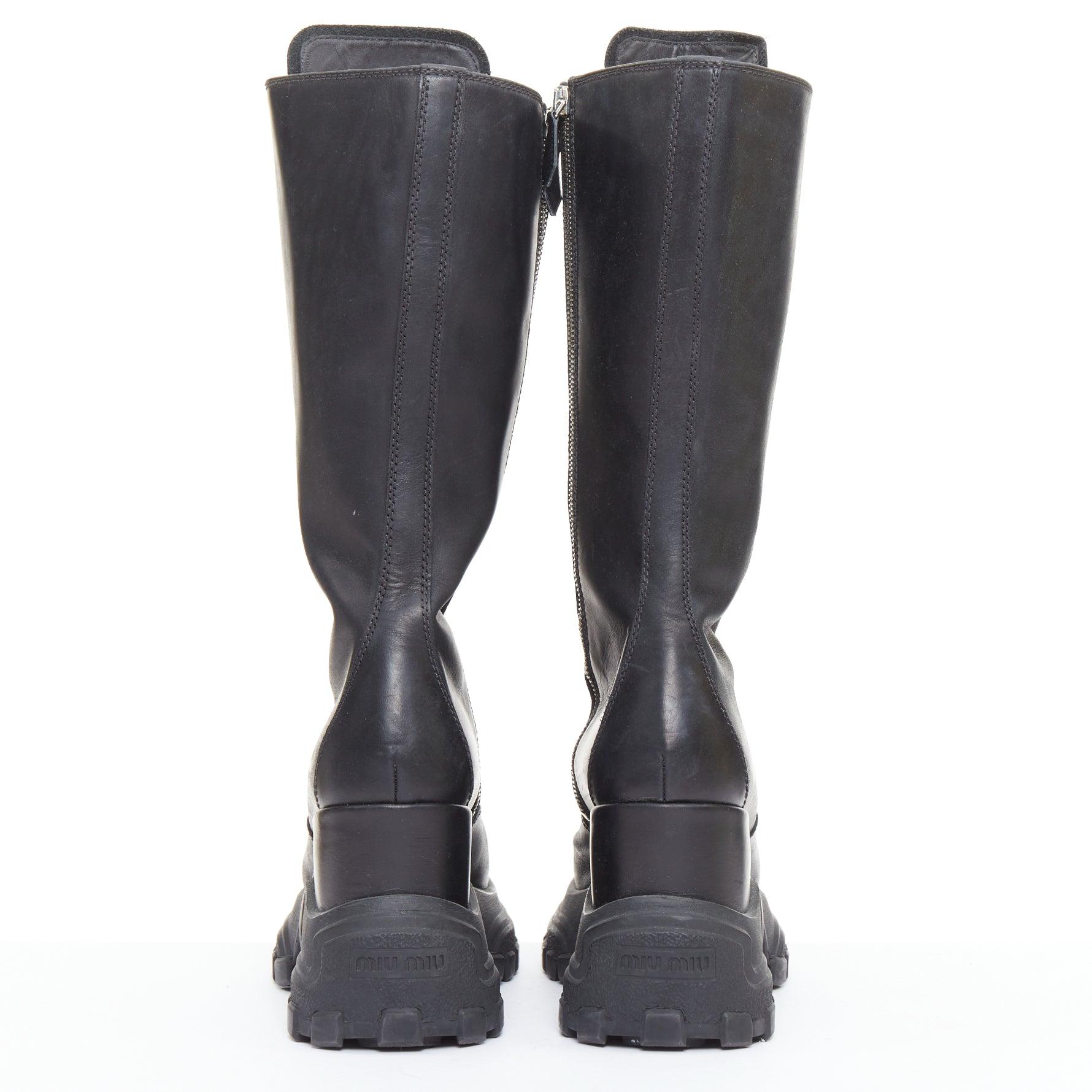  MIU MIU Runway black leather logo lace up chunky wedge tall boots EU39 Pour femmes 