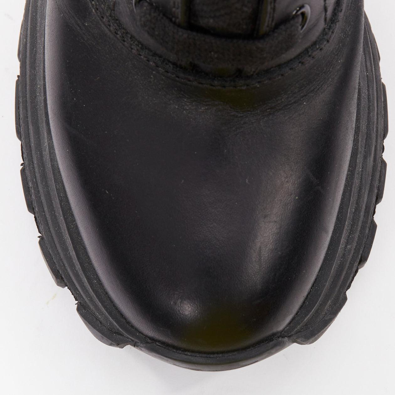 MIU MIU Runway black leather logo lace up chunky wedge tall boots EU39 en vente 1