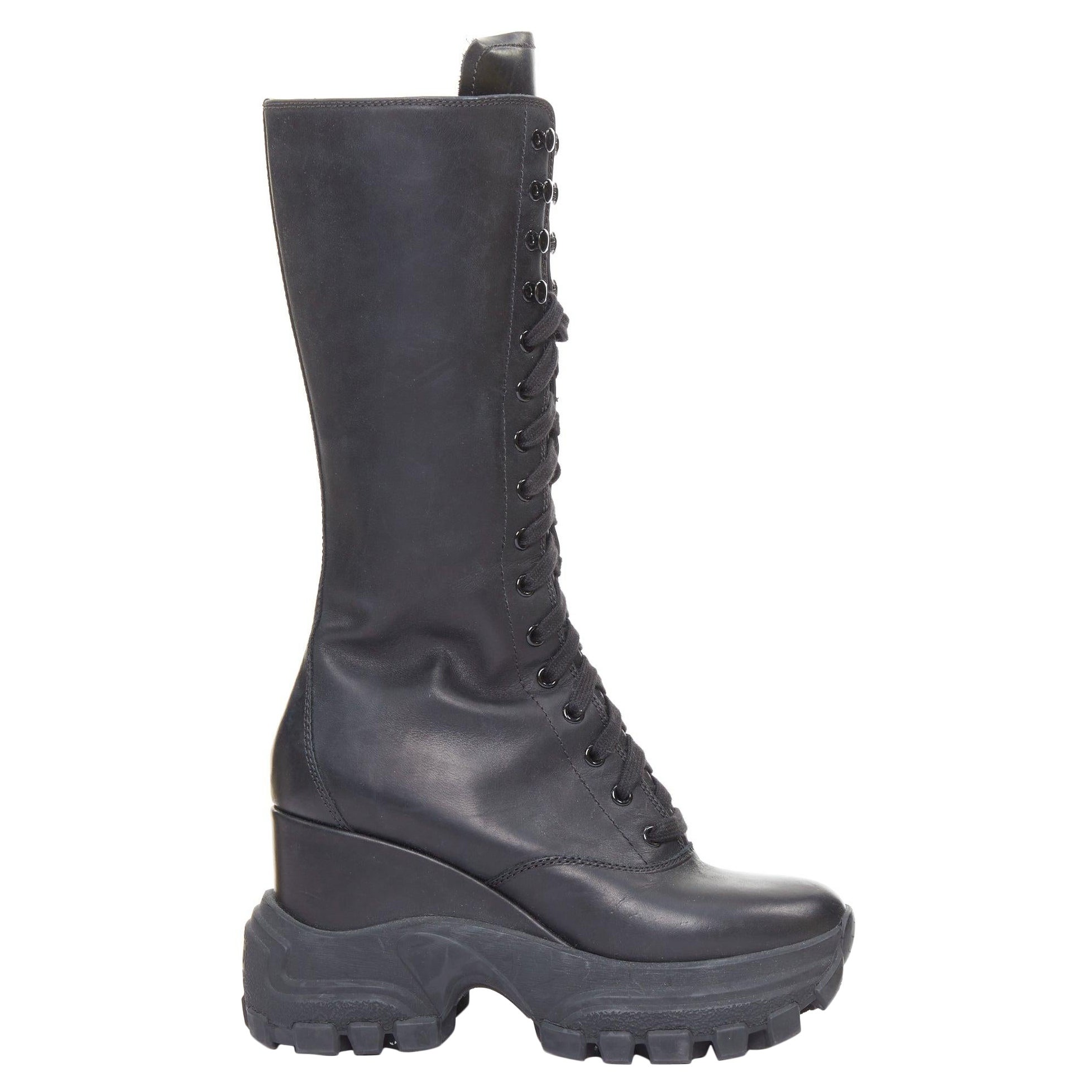 MIU MIU Runway black leather logo lace up chunky wedge tall boots EU39