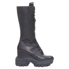 MIU MIU Runway black leather logo lace up chunky wedge tall boots EU39