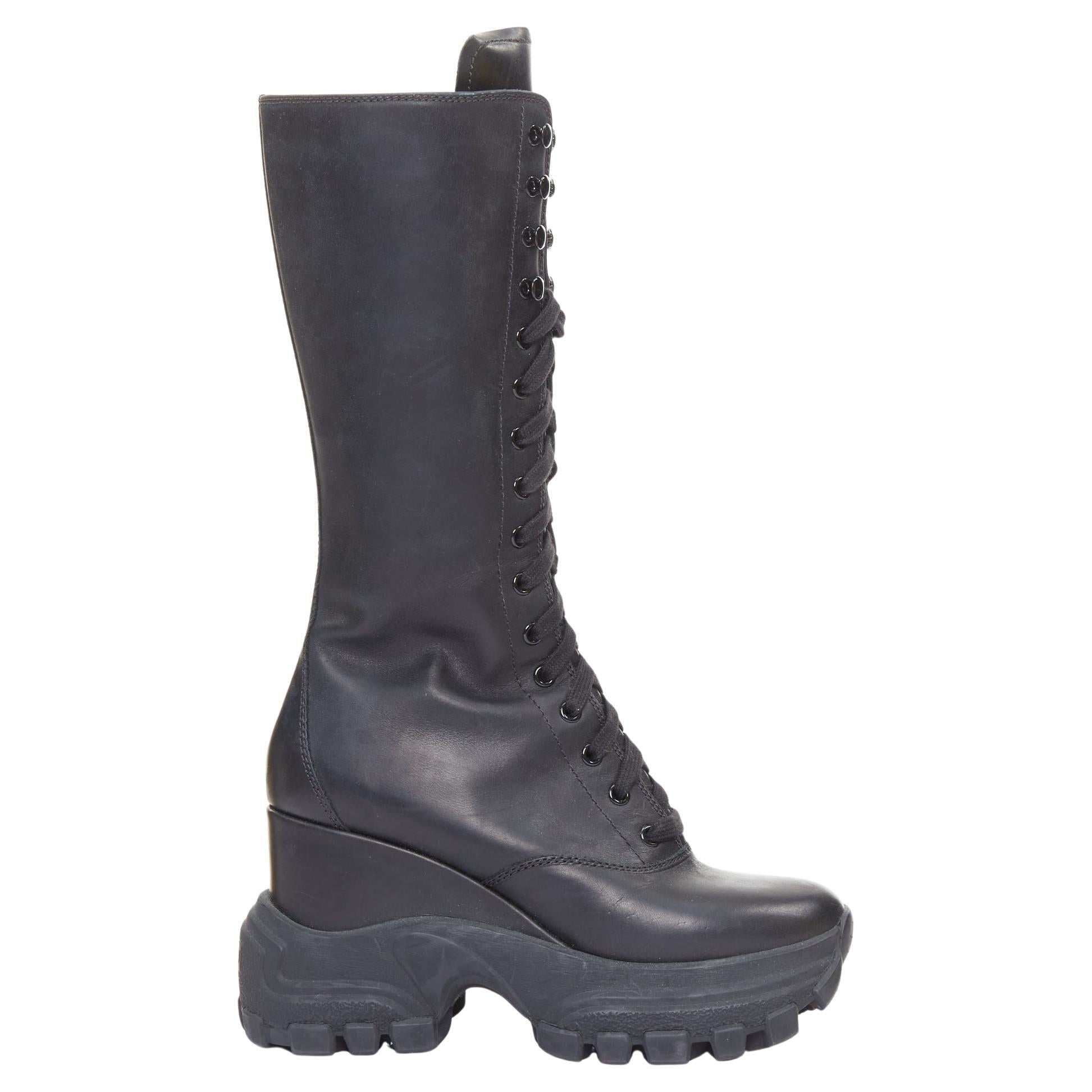 MIU MIU Runway black leather logo lace up chunky wedge tall boots EU39