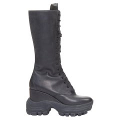 MIU MIU Runway black leather logo lace up chunky wedge tall boots EU39