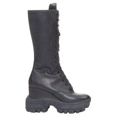 MIU MIU Runway black leather logo lace up chunky wedge tall boots EU39