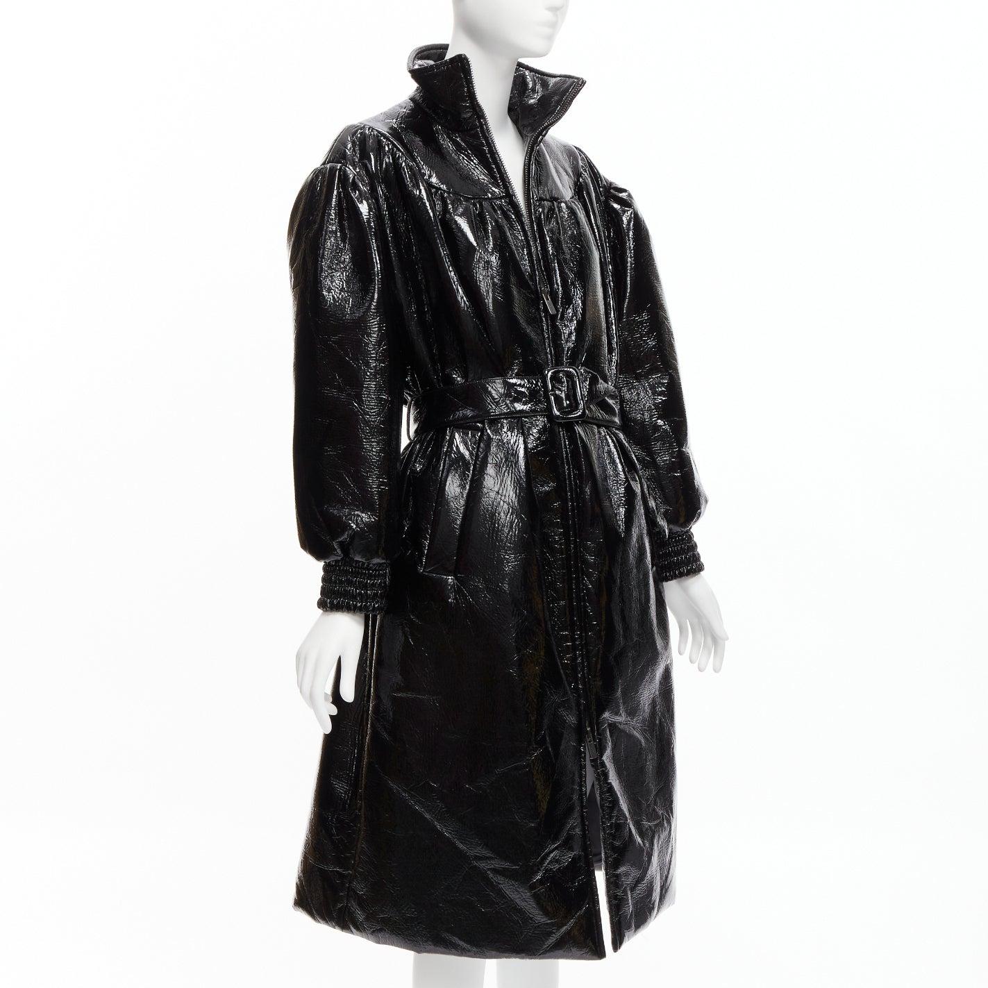 Women's MIU MIU Runway black vinyl high collar puff sleeve belted bomber coat IT36 S For Sale