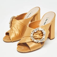 Miu Miu Satin Crystal Faux Pearl Embellish Brooch Peep Toe Slide Sandals Size 37