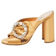 Miu Miu Satin Crystal Faux Pearl Embellish Brooch Peep Toe Slide Sandals Size 37